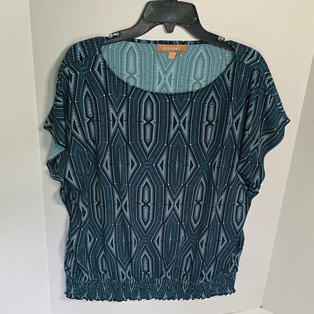Ellen Tracy Women's Size Large Teal and  white Patterned Blouse Career